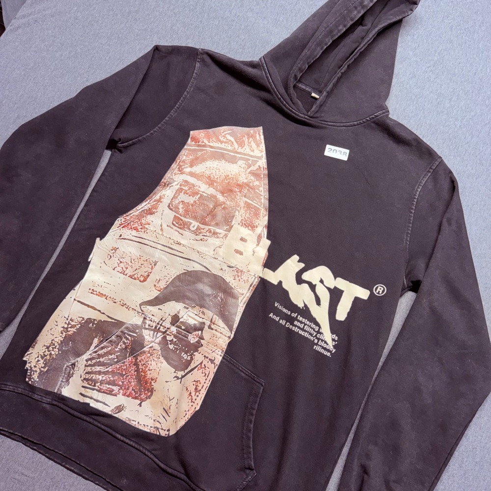 Mens Blast Graphic Hoodie Washed Black Streetwear Pullover Sweatshirt L